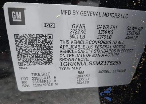 2021 GMC Acadia Awd Slt z USA, uszkodzony, nr VIN 1GKKNULS5MZ176255